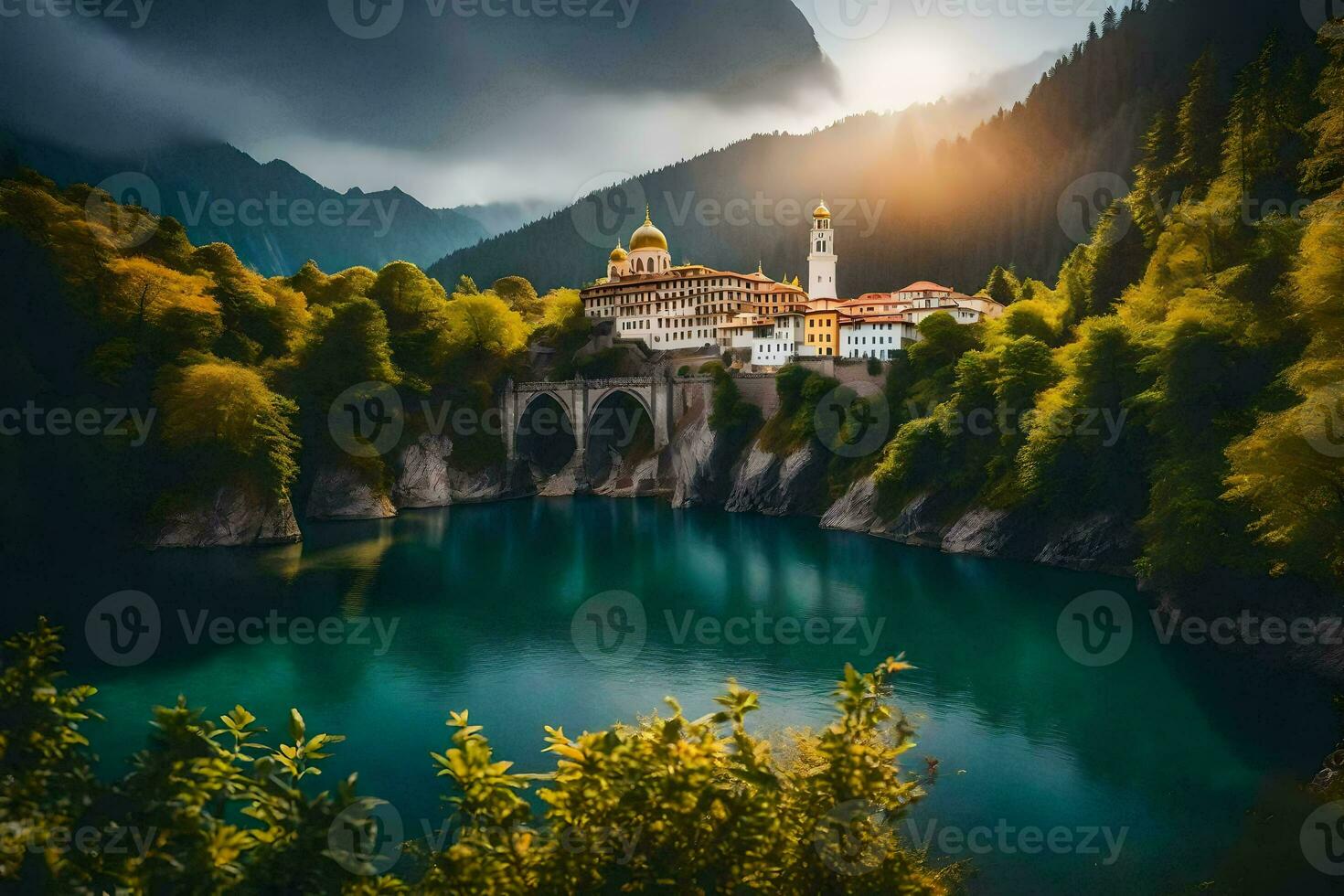 a beautiful lake surrounded by mountains and a church. AI-Generated photo