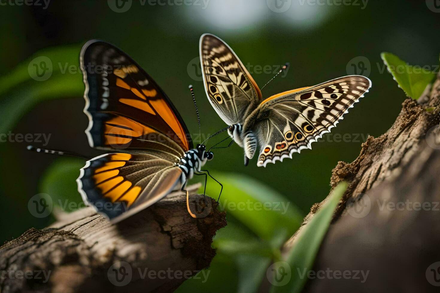 dos mariposas son sentado en un rama. generado por ai foto