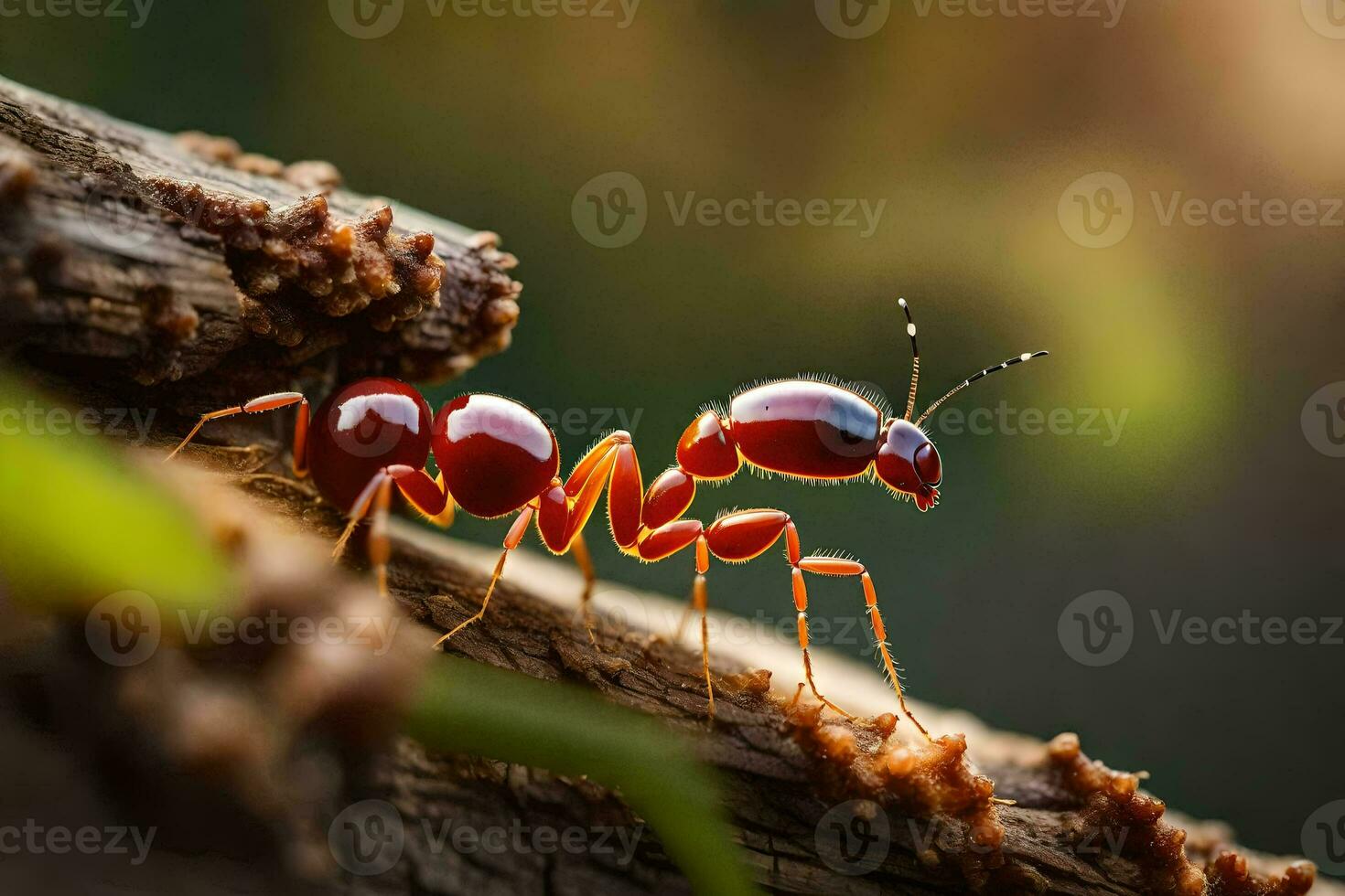 a red ant is walking on a log. AI-Generated photo