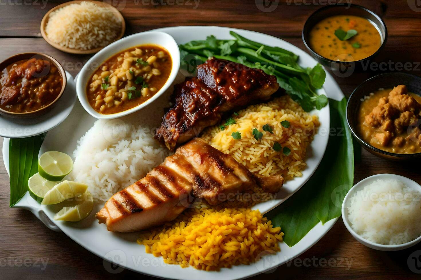 a plate of food with rice, meat and vegetables. AI-Generated photo
