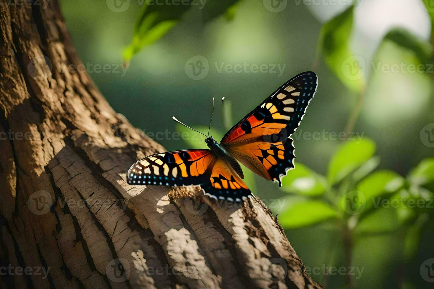 butterfly on tree trunk, nature, green, trees, nature wallpaper. AI-Generated photo