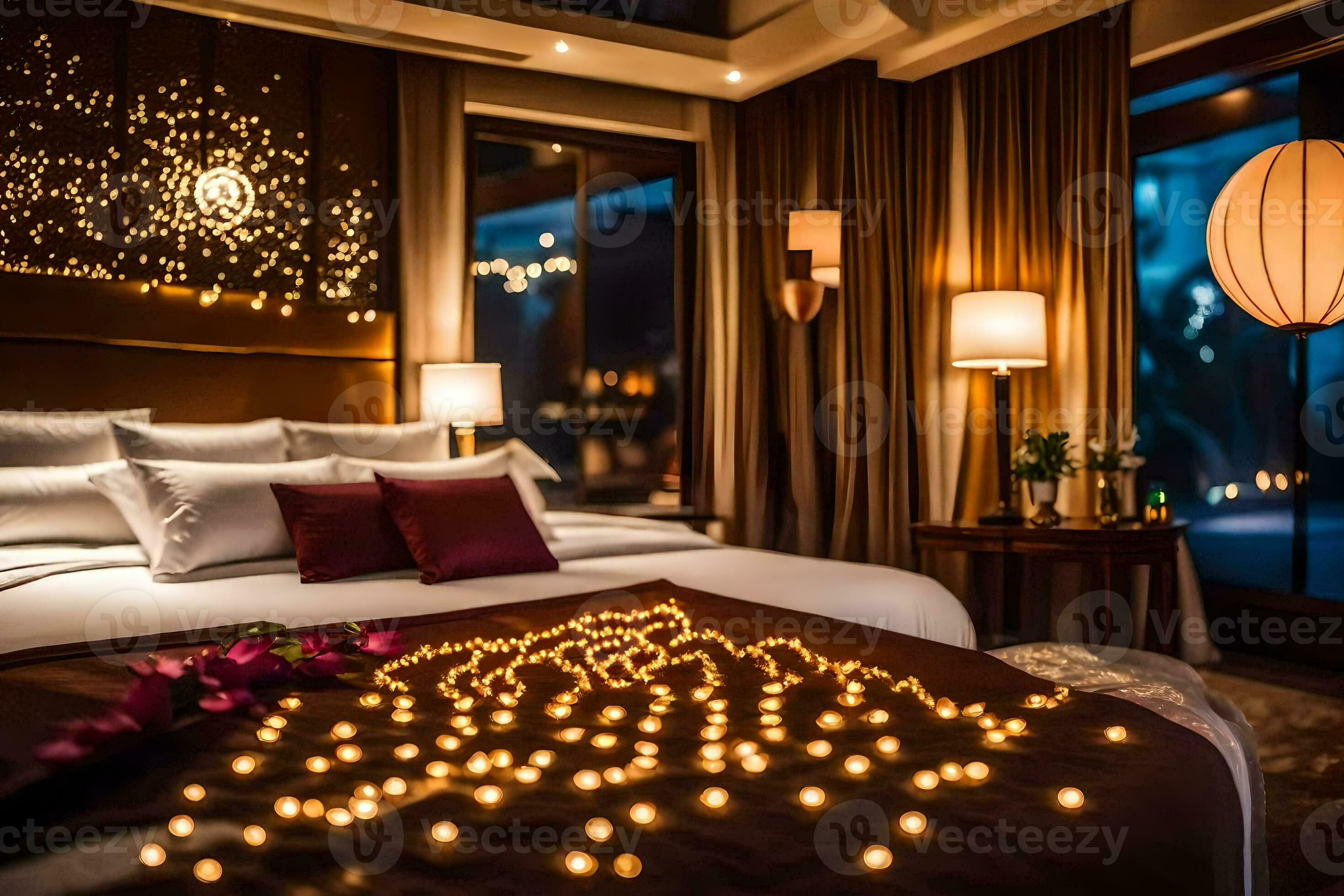 a hotel room with candles lit on the bed. AIGenerated 30134638 Stock