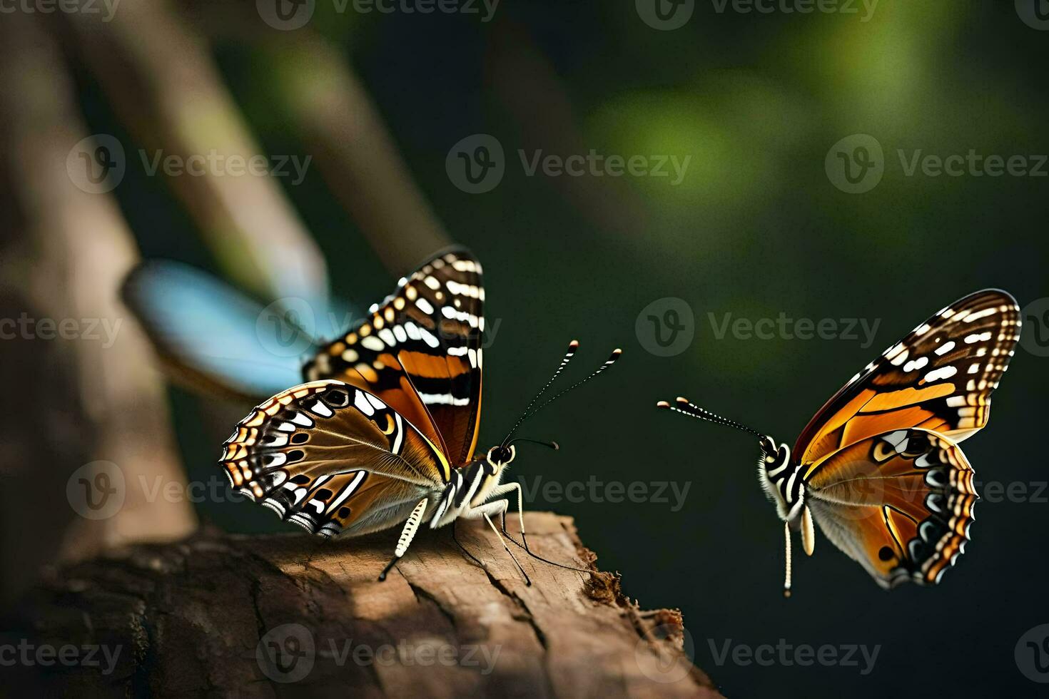 two butterflies are sitting on a tree branch. AI-Generated photo