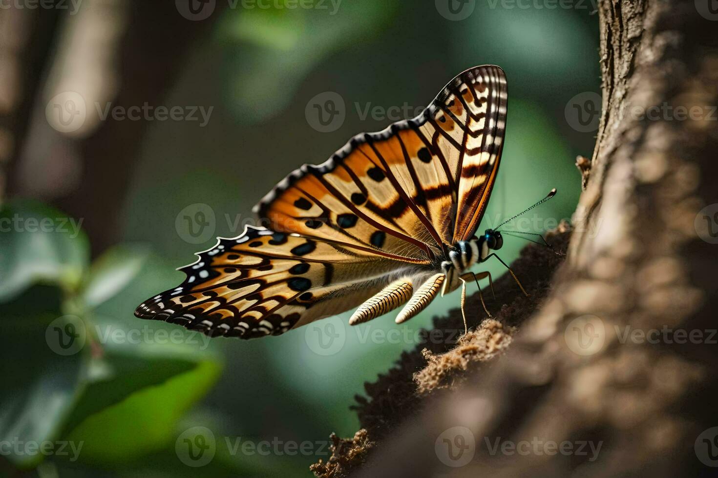 butterfly on a tree branch with green leaves. AI-Generated photo