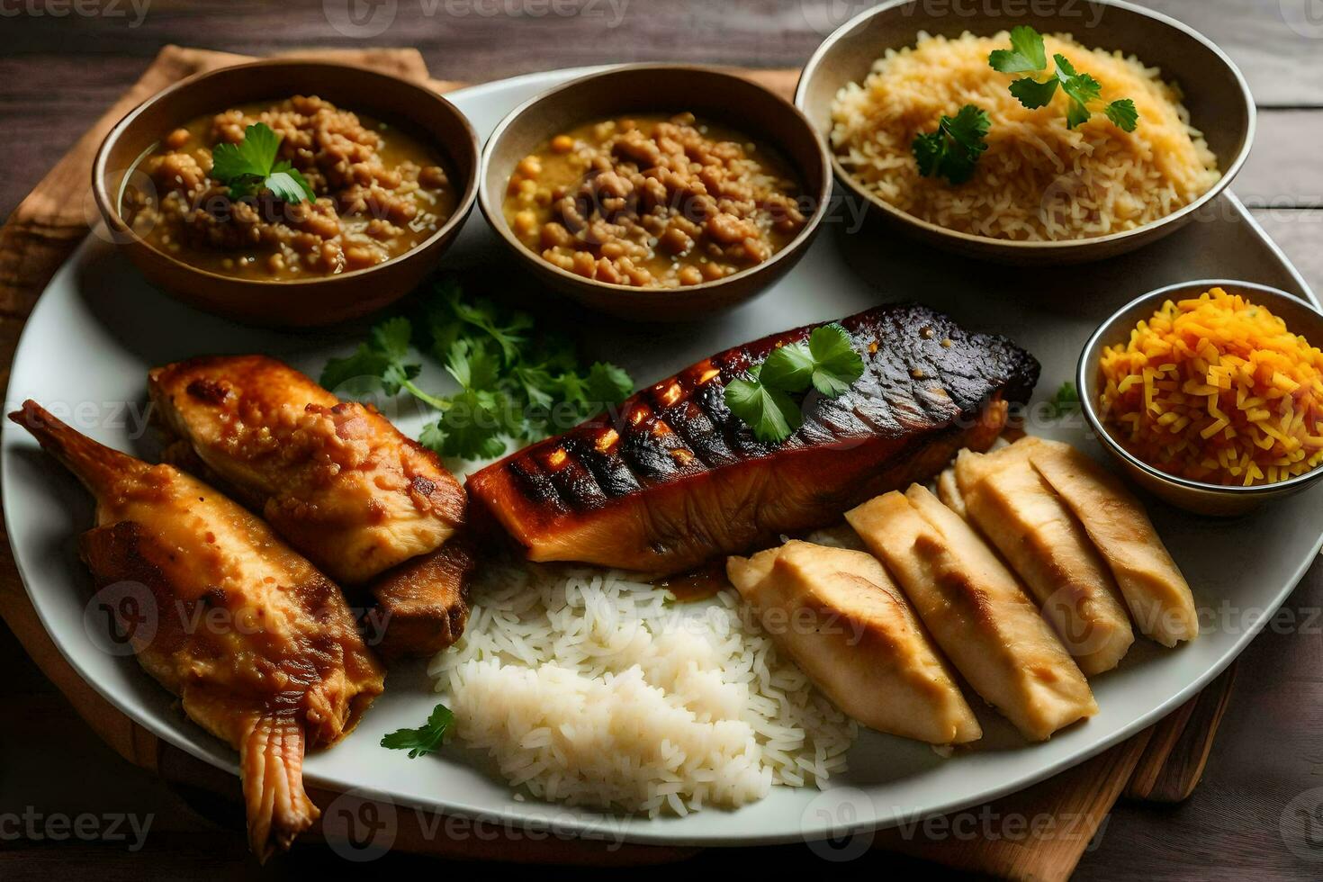 a plate of food with rice, meat and vegetables. AI-Generated photo