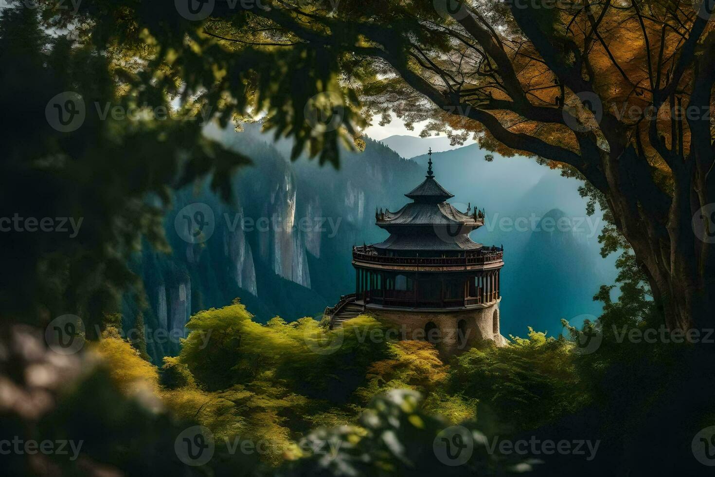 a pagoda in the middle of a forest. AI-Generated photo