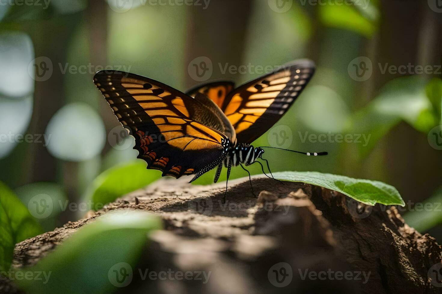 a butterfly is sitting on a tree stump. AI-Generated photo