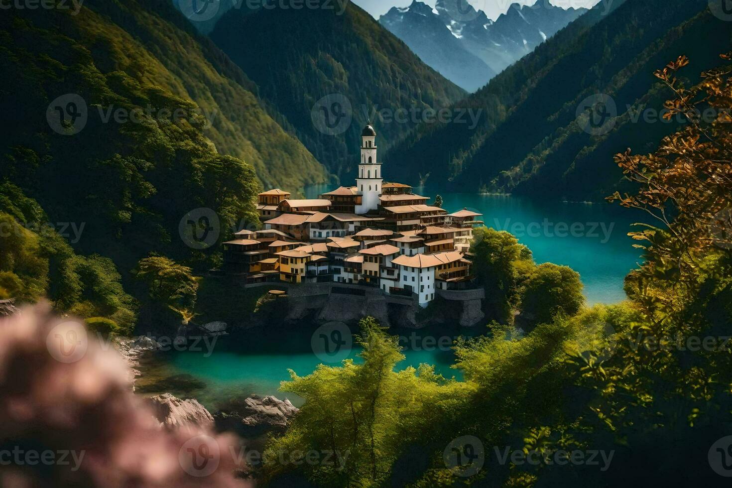a small village surrounded by mountains and water. AI-Generated photo