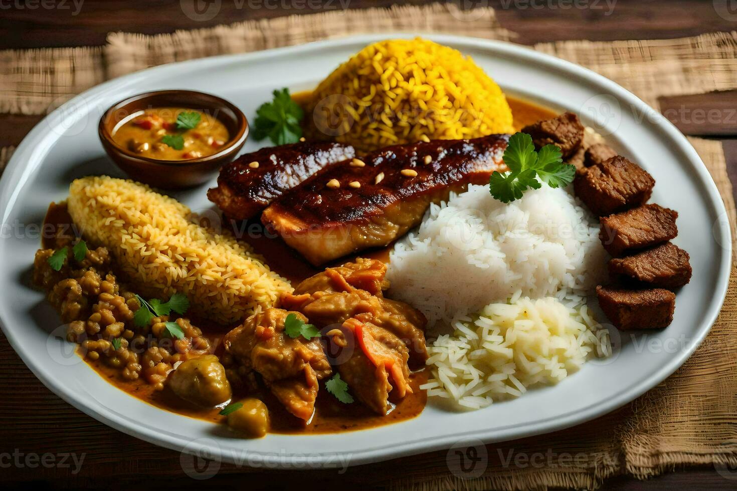 a plate of food with rice, meat, and vegetables. AI-Generated photo