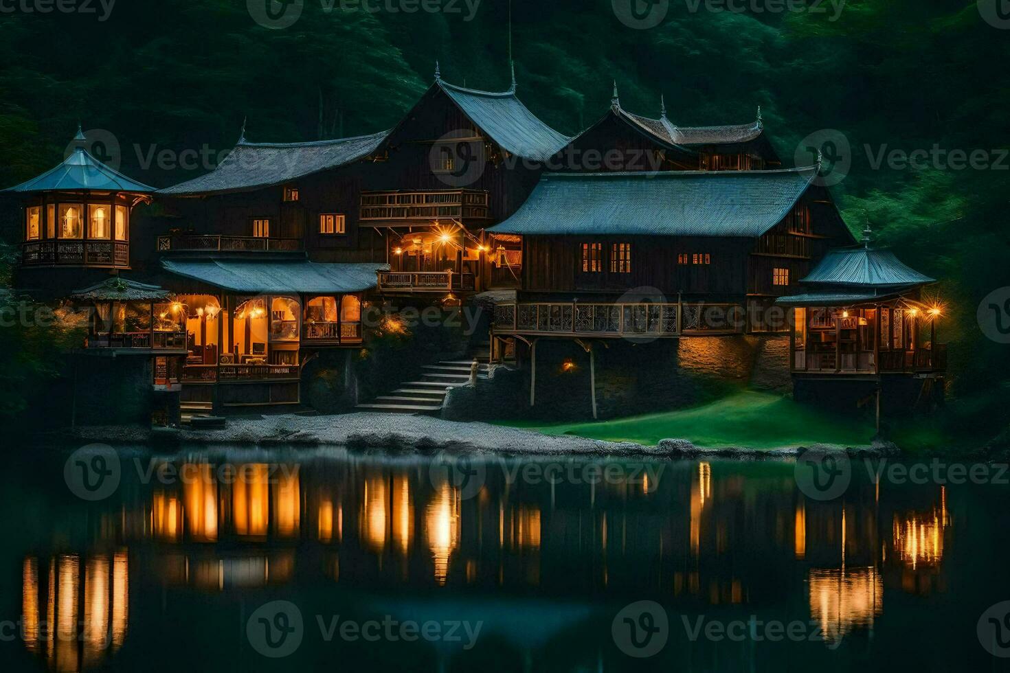 a wooden house is lit up at night. AI-Generated photo