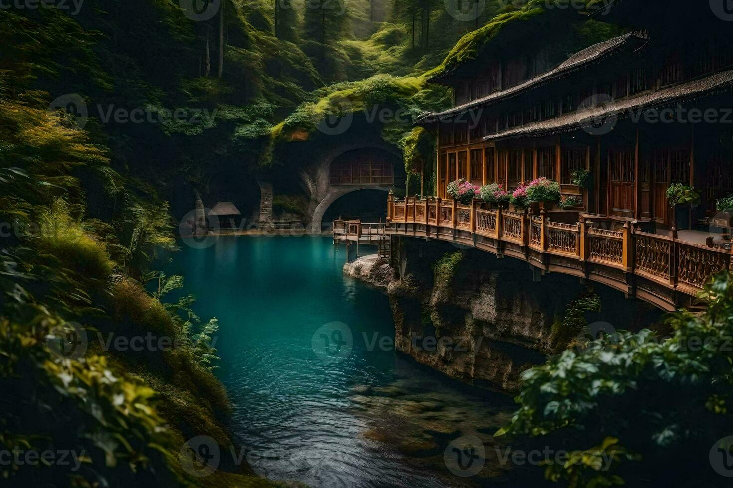 a bridge over a river in the middle of a forest. AI-Generated photo