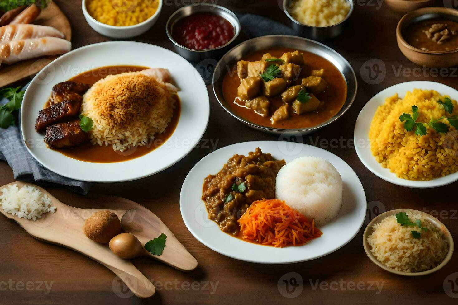 a table with various dishes of food. AI-Generated photo