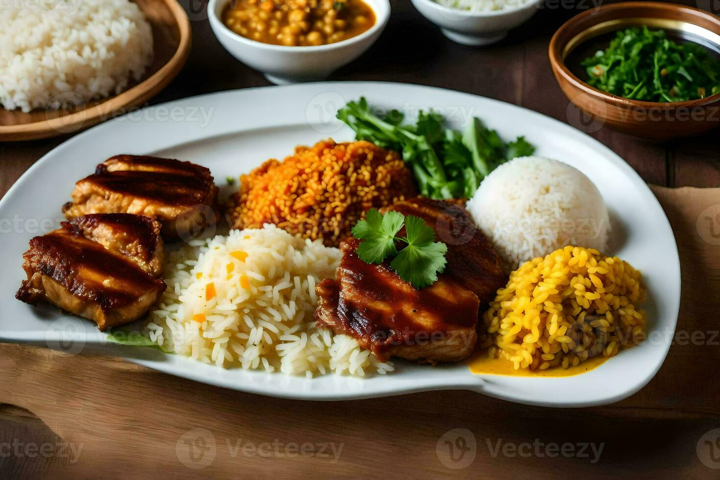 the food is served on a plate with rice, chicken, and vegetables. AI-Generated photo