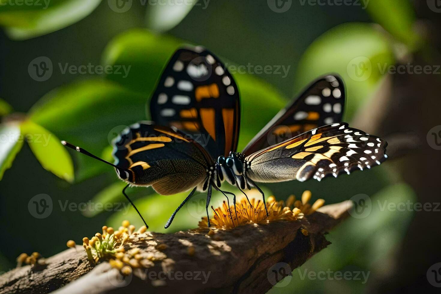 a butterfly is sitting on a branch with flowers. AI-Generated photo