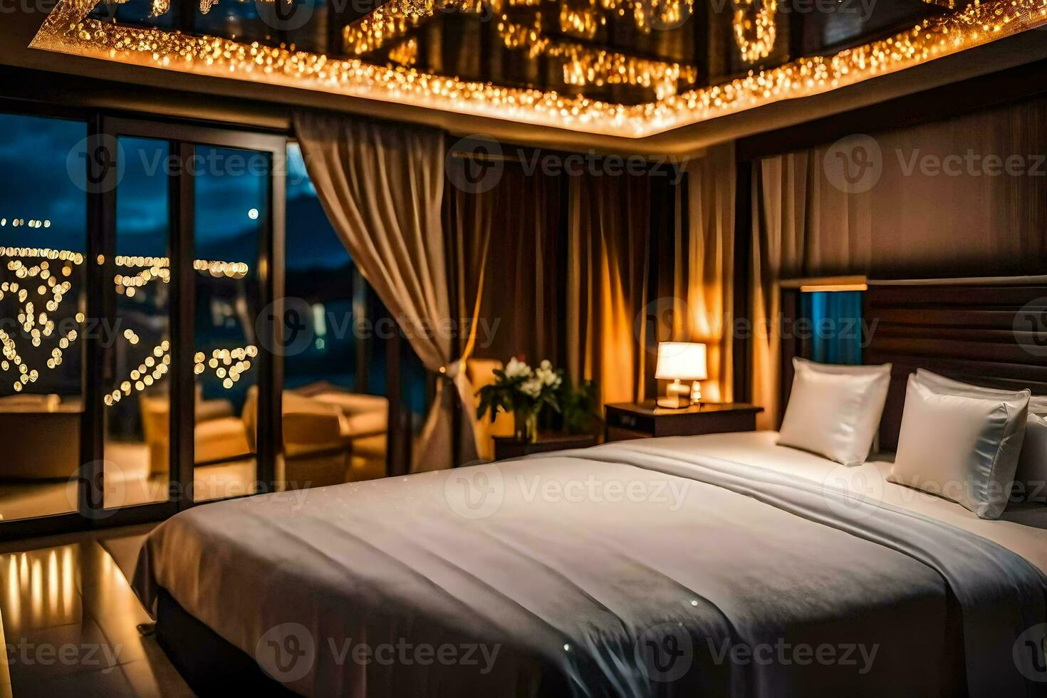 a bedroom with a bed and a window overlooking the ocean. AI-Generated photo