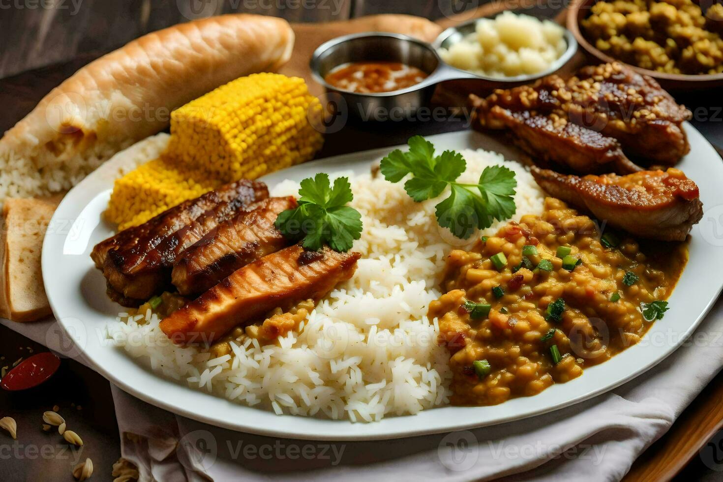 indio comida con arroz, maíz y carne. generado por ai foto