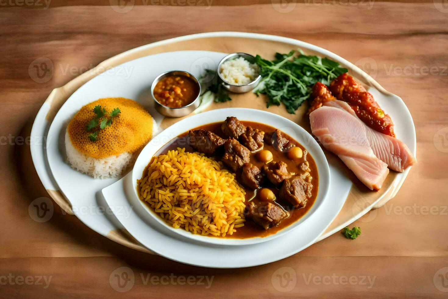 un plato de comida con arroz, carne y vegetales. generado por ai foto