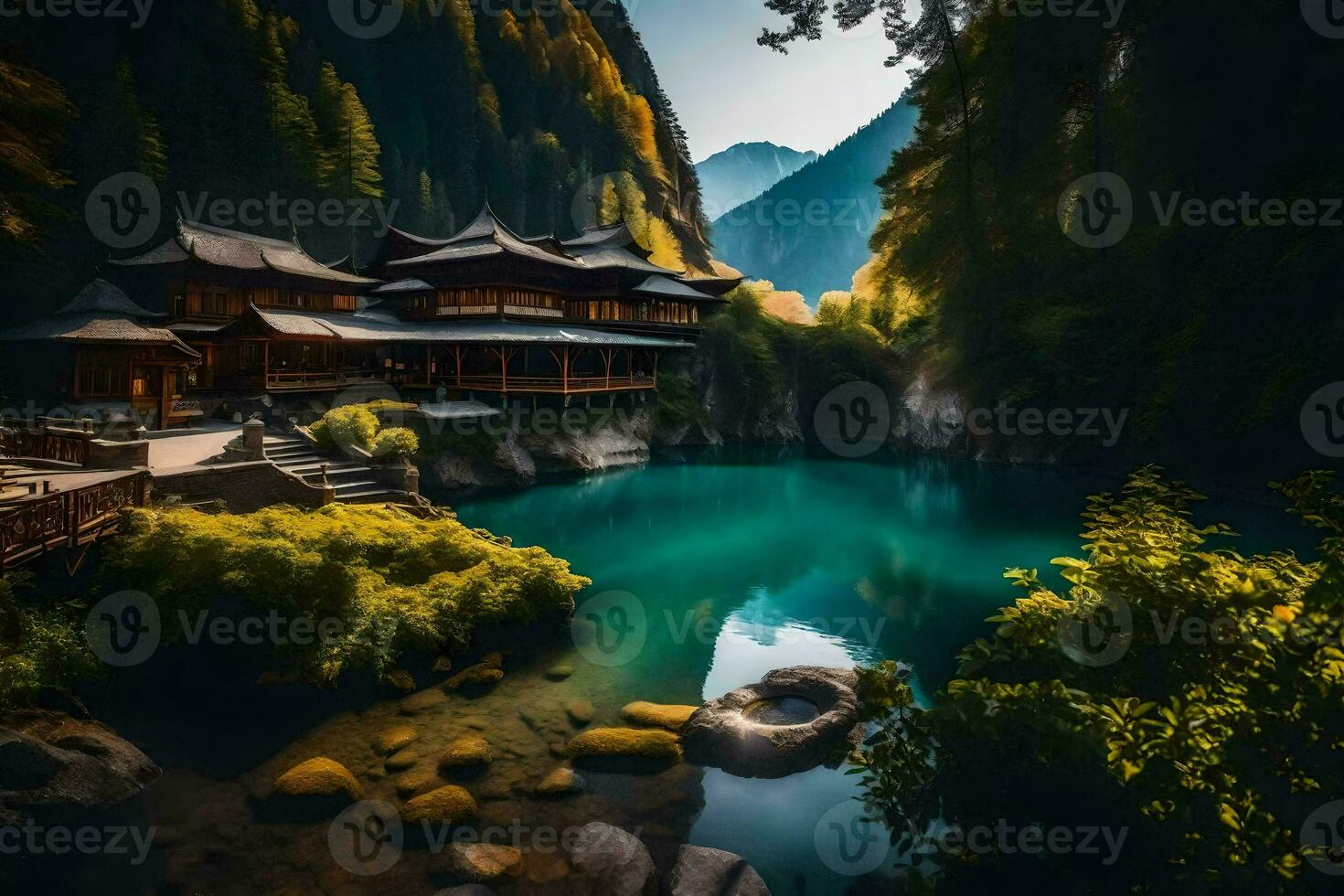 a beautiful lake surrounded by mountains and trees. AI-Generated photo