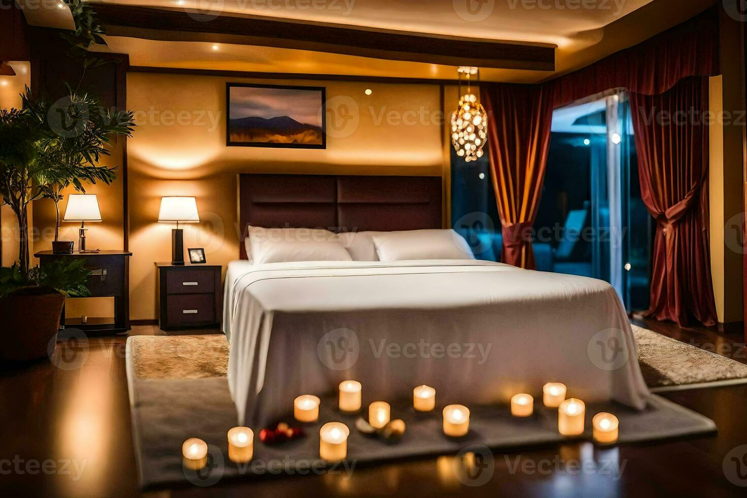 a bedroom with candles lit around the bed. AI-Generated photo