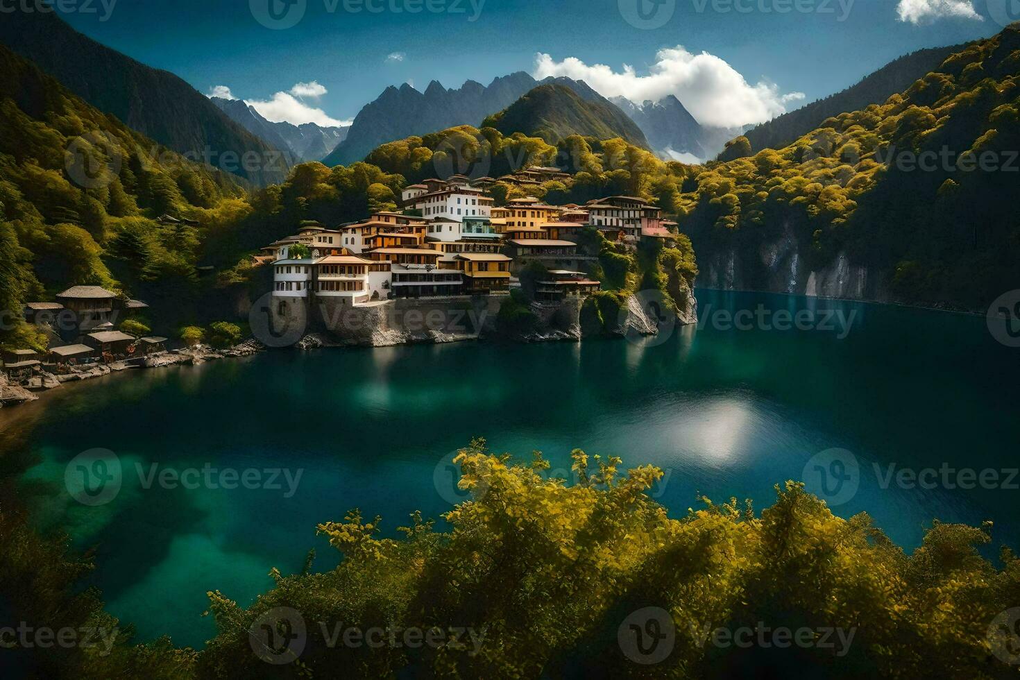 a small village sits on the edge of a lake. AI-Generated photo