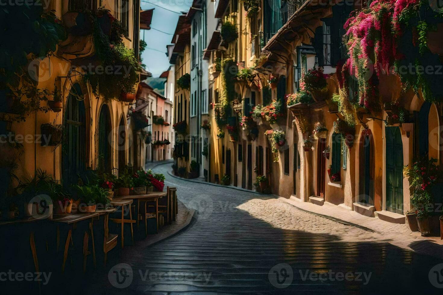 a narrow street in italy with flowers on the walls. AI-Generated photo