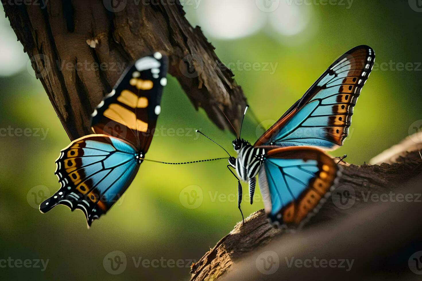 two butterflies are sitting on a branch. AI-Generated photo