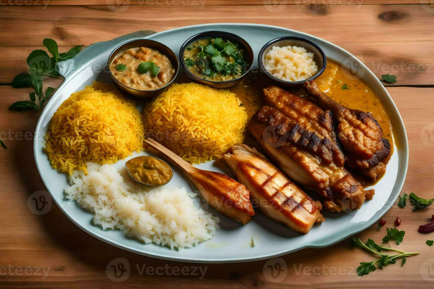 a plate with rice, meat and vegetables on a wooden table. AI-Generated photo