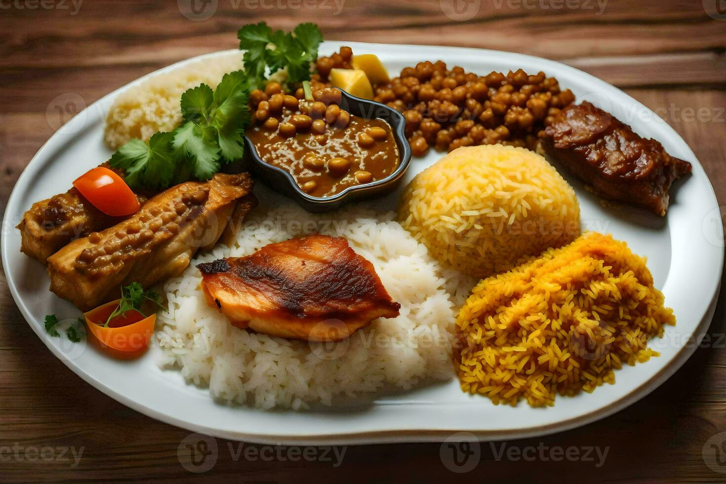 un plato de comida con arroz, frijoles, carne y vegetales. generado por ai foto