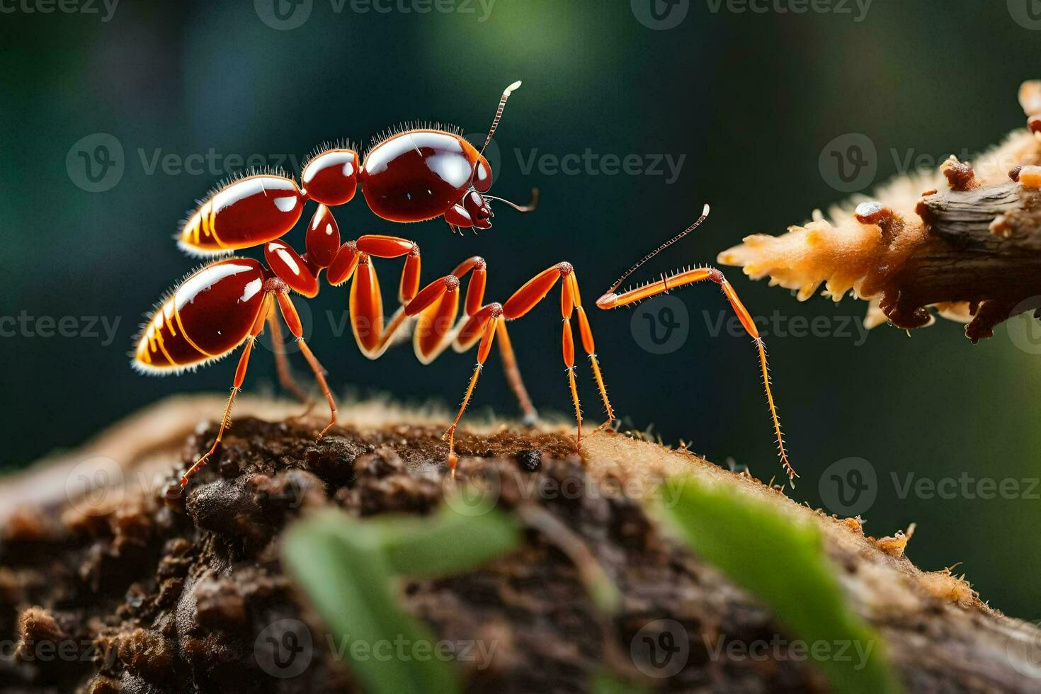 a red ant is standing on top of a branch. AI-Generated photo