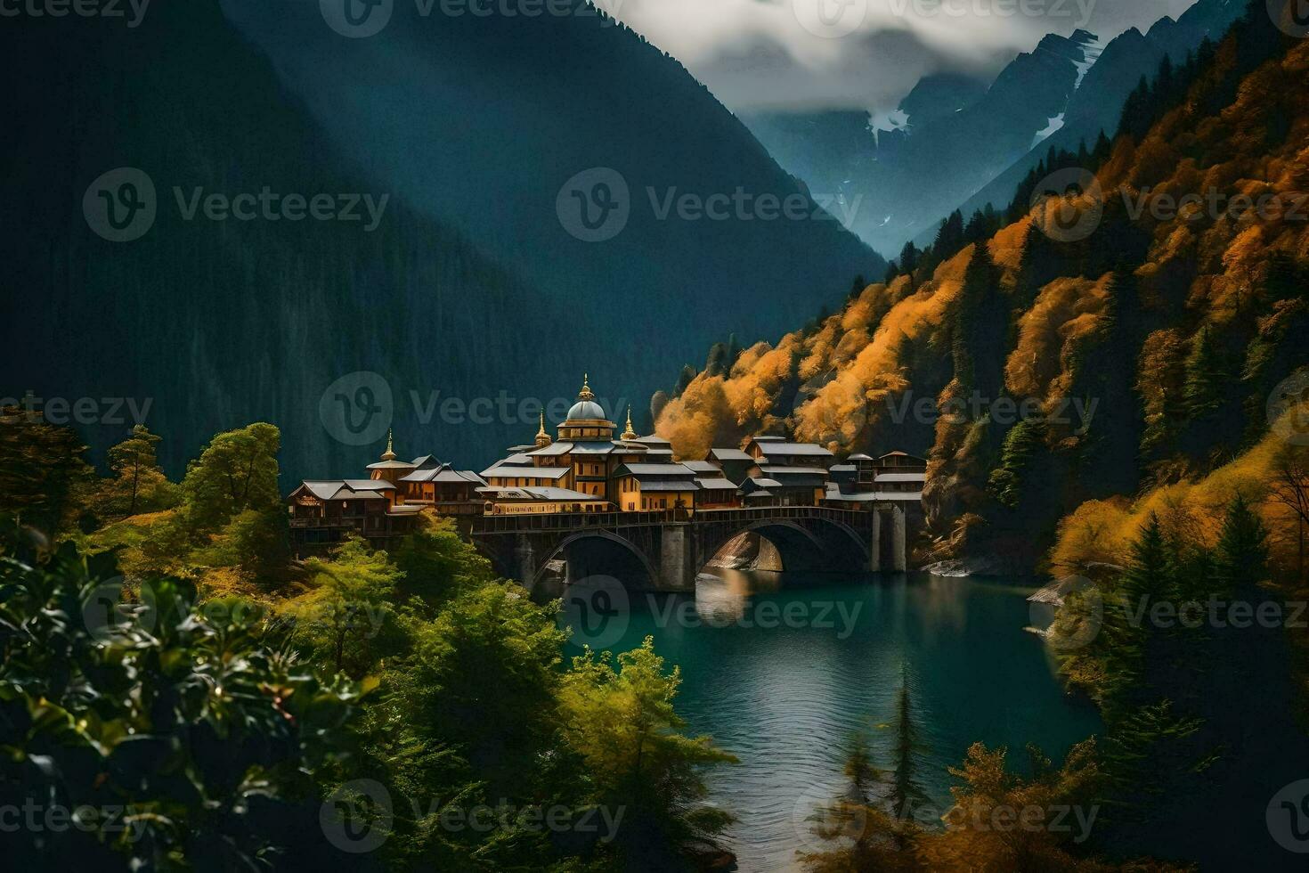 a bridge over a river in the mountains. AI-Generated photo