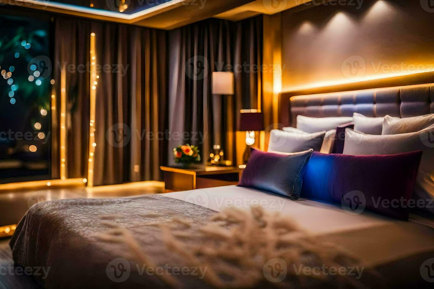 un hotel habitación con un cama y un mesita de noche. generado por ai foto