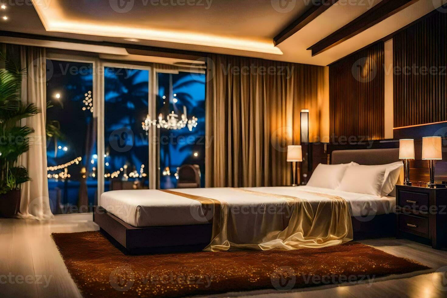 a bedroom with a large bed and a chandelier. AI-Generated photo