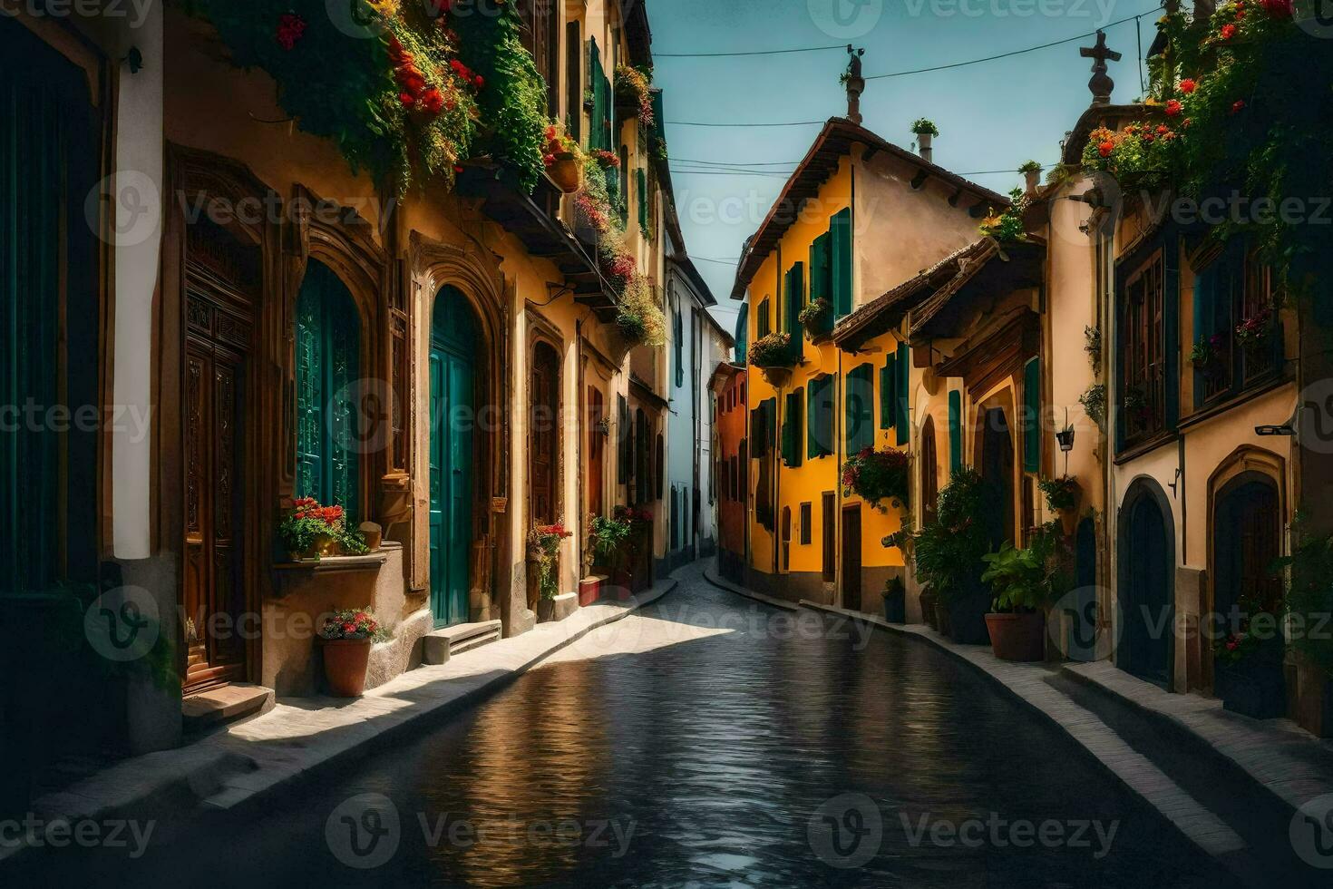 un estrecho calle con edificios y flores en el antecedentes. generado por ai foto