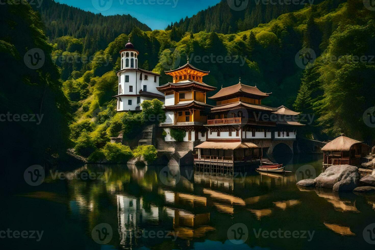 a beautiful chinese temple sits on the edge of a lake. AI-Generated photo
