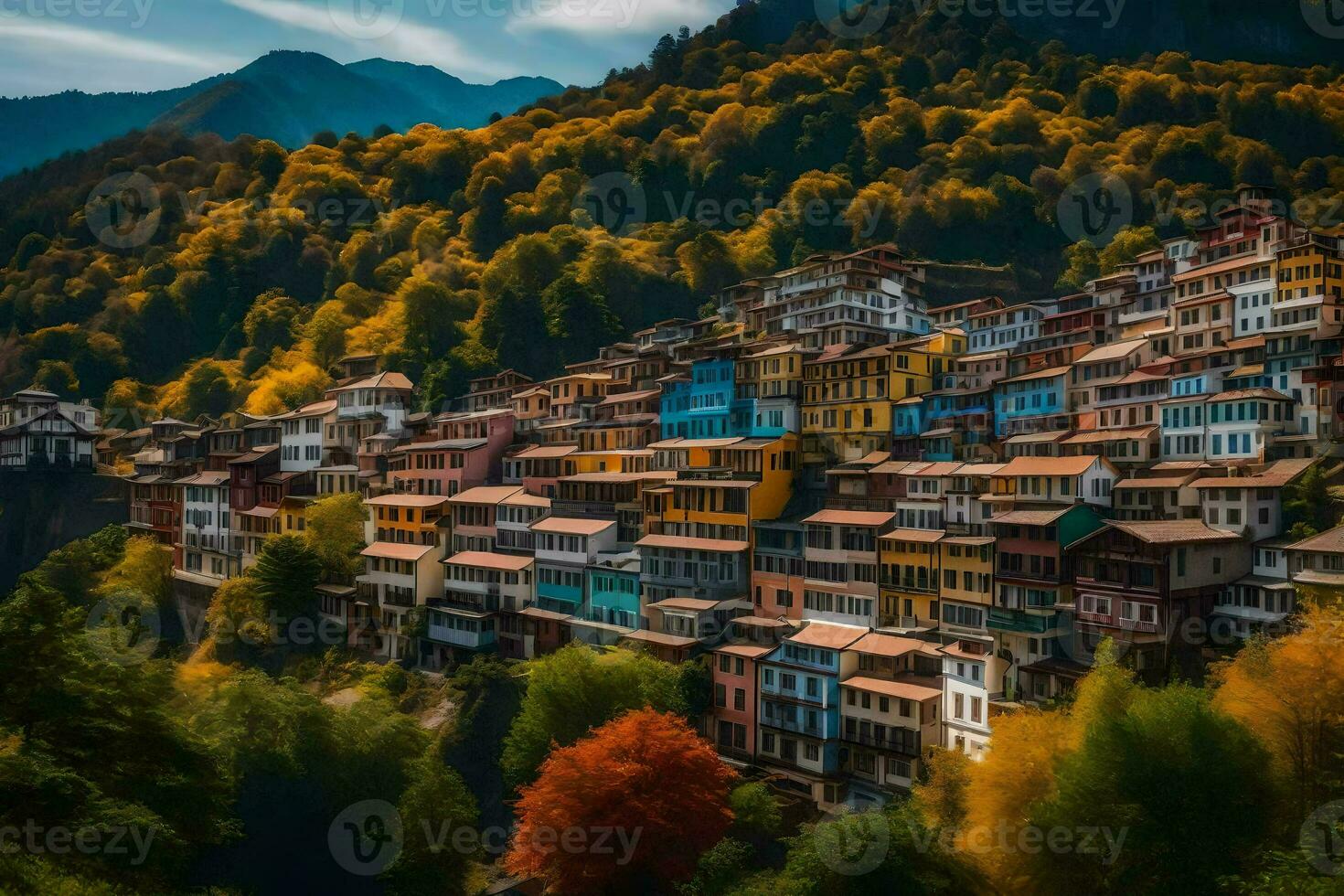 colorful houses on a hillside in the mountains. AI-Generated photo