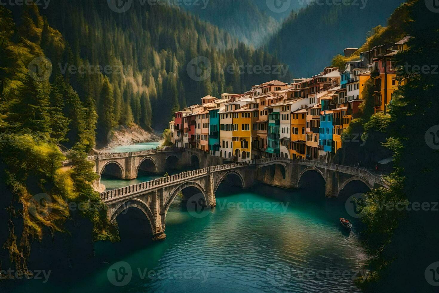 colorful houses on a bridge over a river in italy. AI-Generated photo