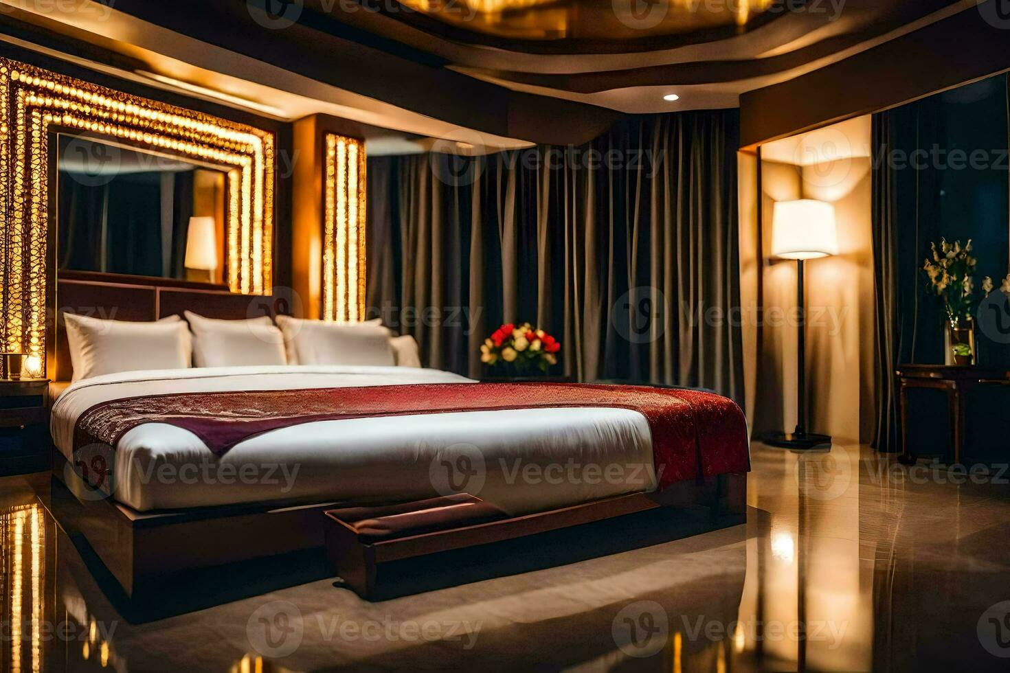 a hotel room with a bed and a mirror. AI-Generated photo