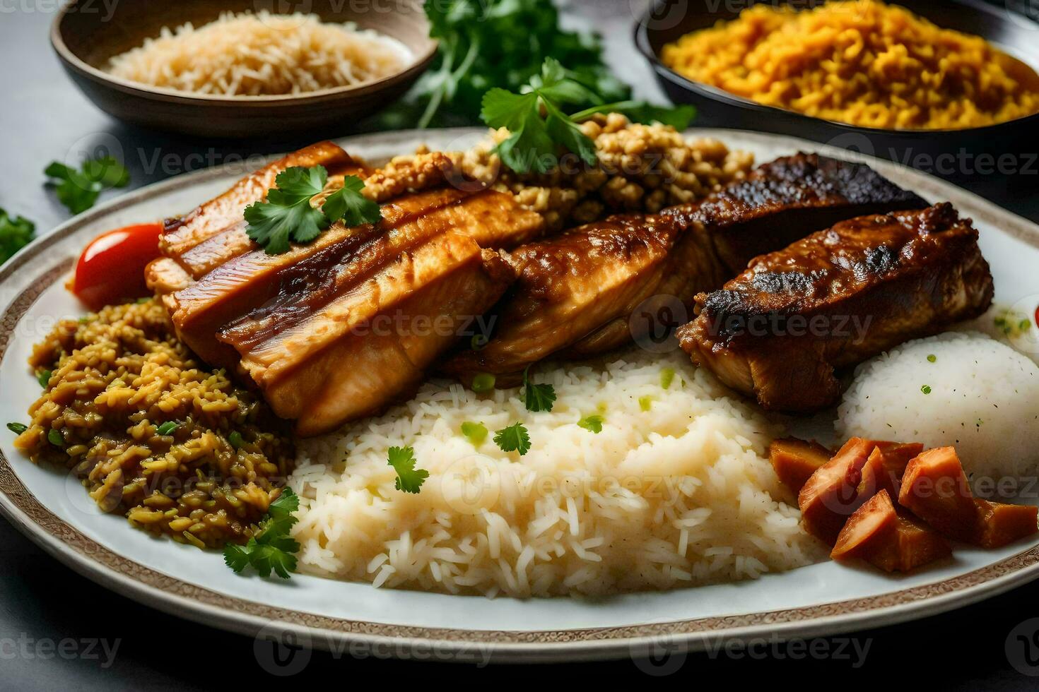 a plate of food with rice, meat and vegetables. AI-Generated photo