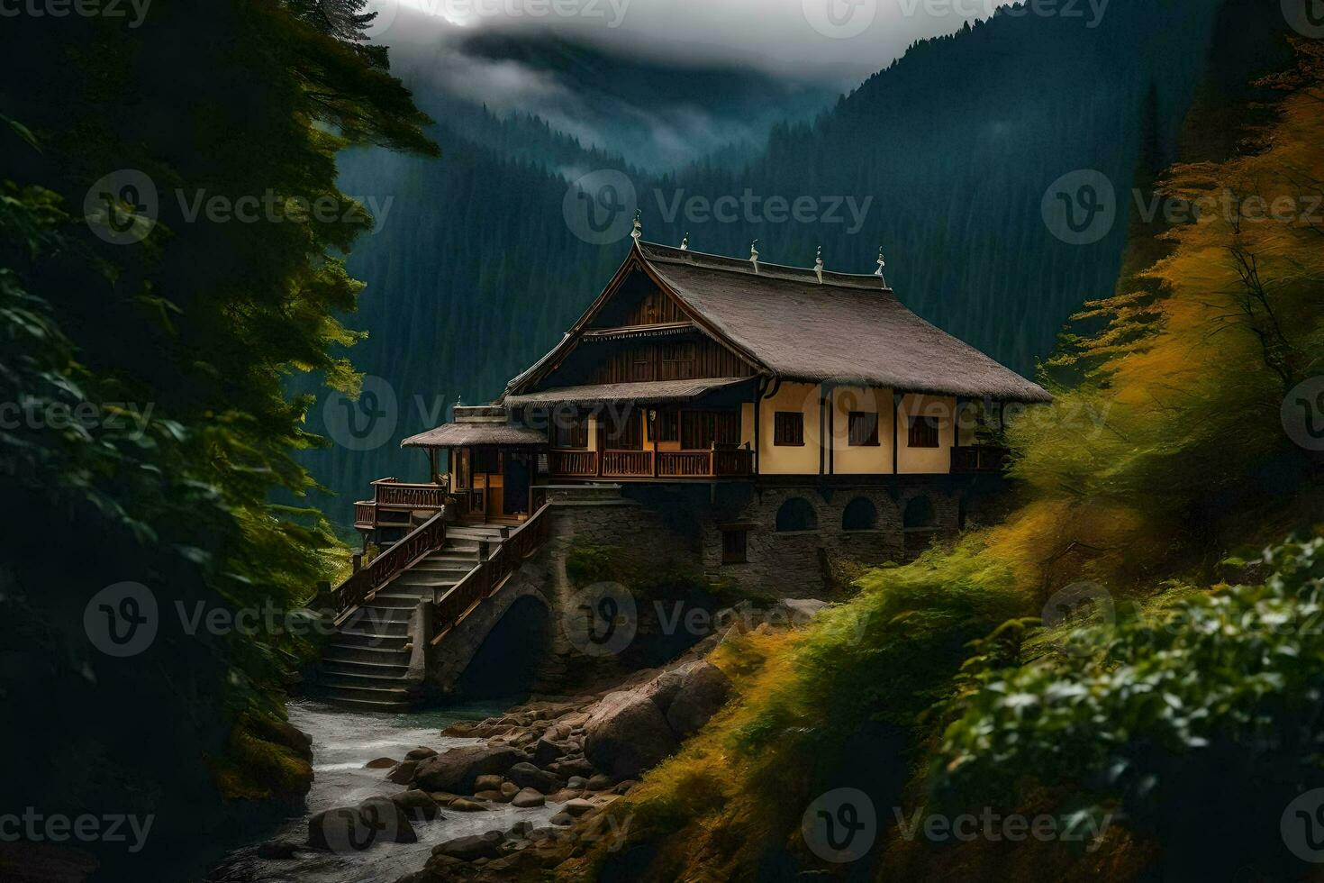 a small house in the mountains with a stream. AI-Generated photo