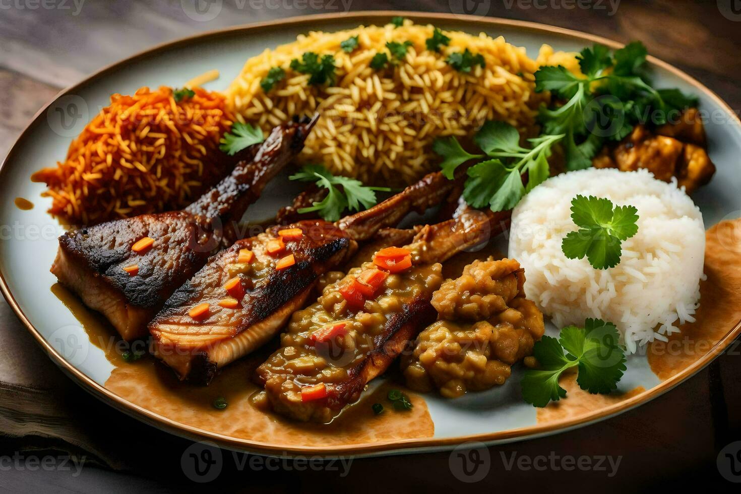 a plate of food with rice, meat and rice. AI-Generated photo