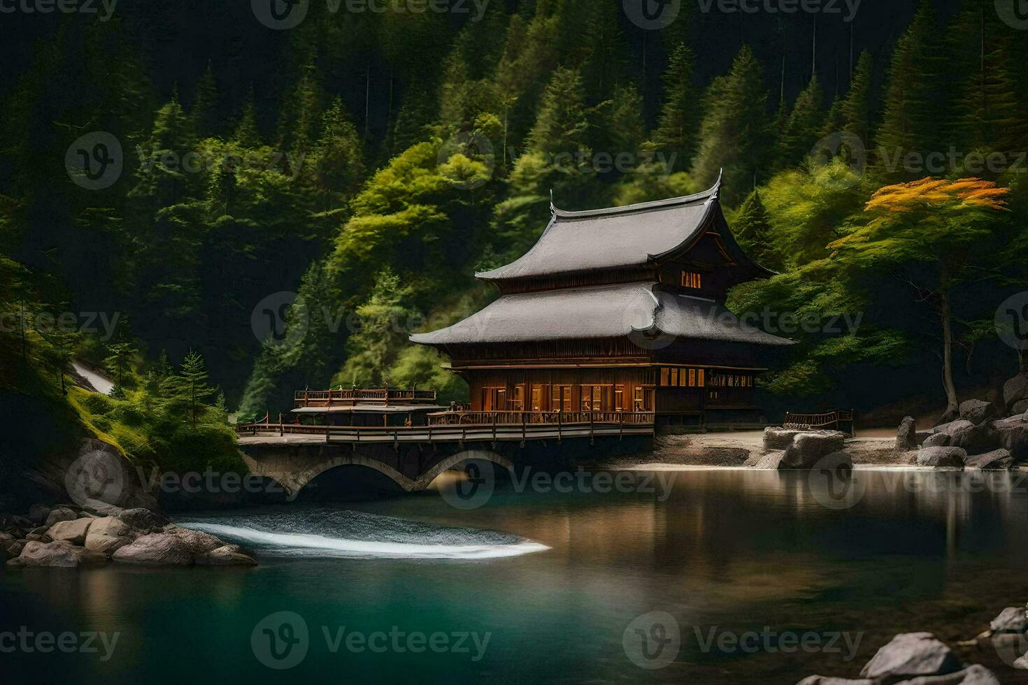 un japonés pagoda se sienta en un puente terminado un río. generado por ai foto