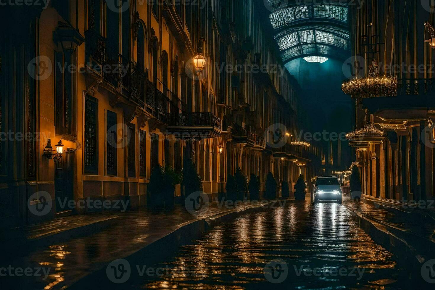 a car drives down a wet street at night. AI-Generated photo