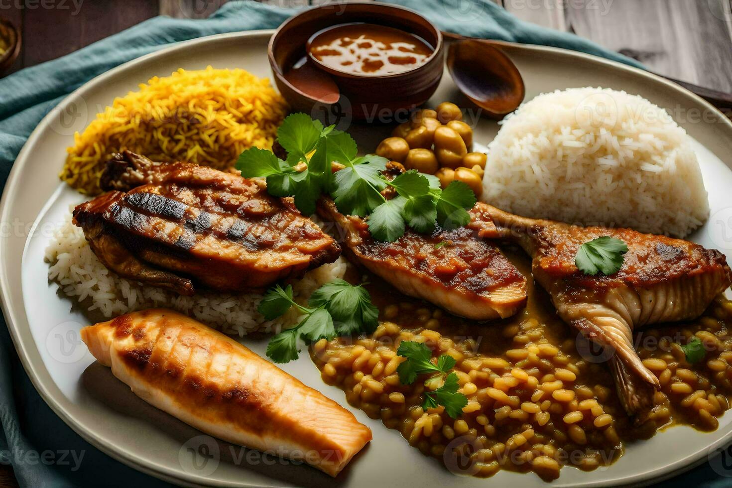 un plato de comida con arroz, pollo y pez. generado por ai foto