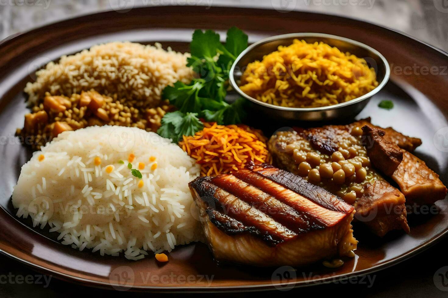 a plate with rice, meat and vegetables. AI-Generated photo