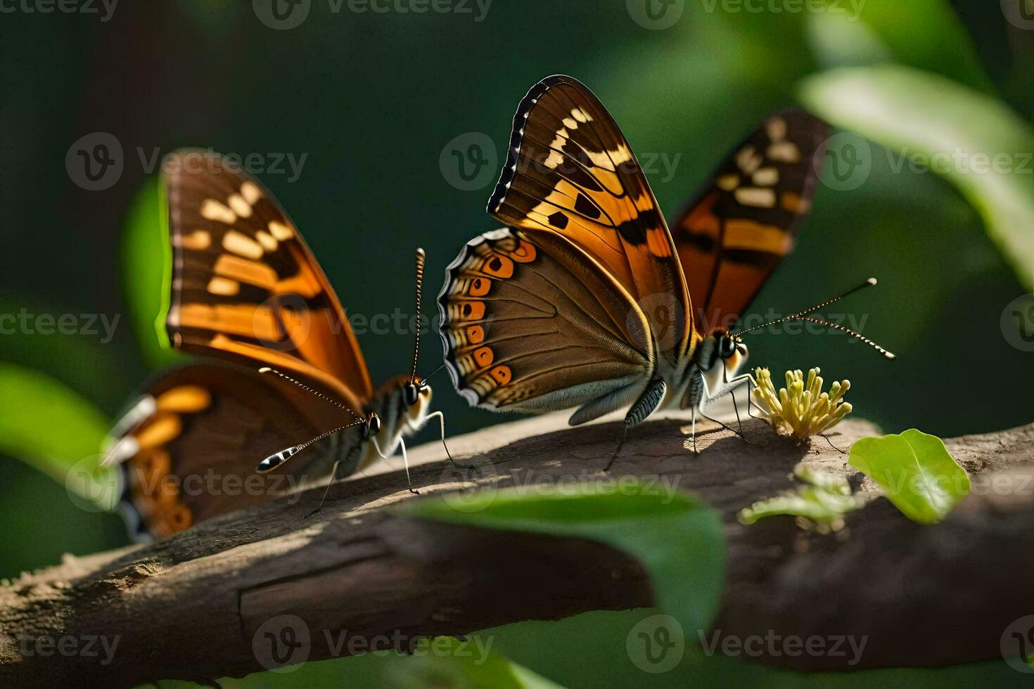 two butterflies are sitting on a branch. AI-Generated photo
