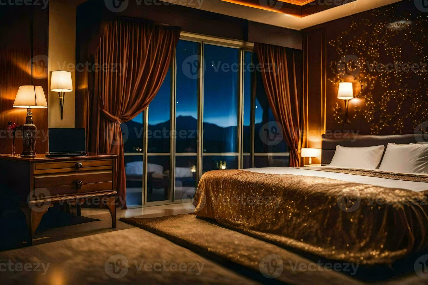 un hotel habitación con un cama y un ventana con vista a el montañas. generado por ai foto