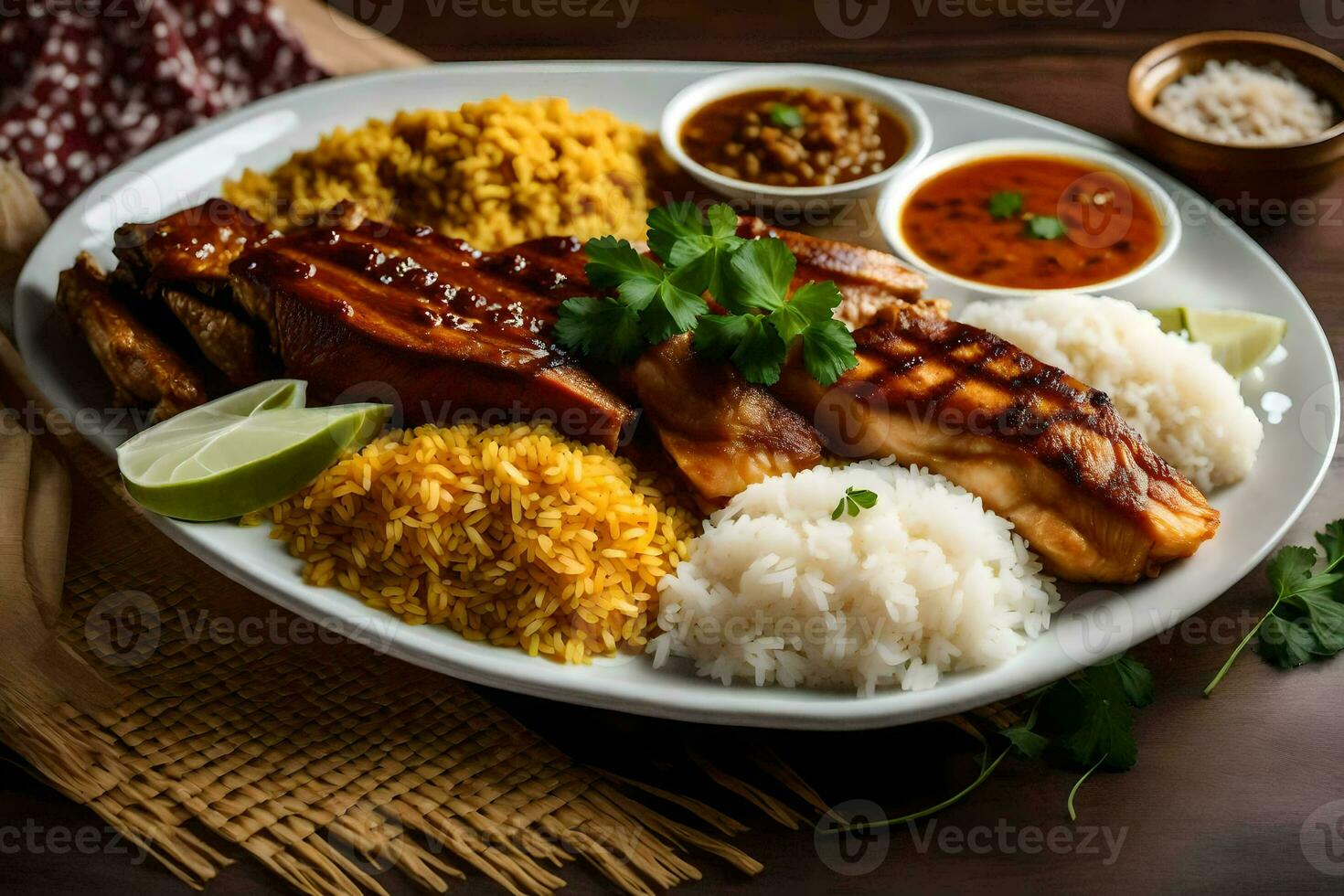the food is served on a plate with rice, chicken, and rice. AI-Generated photo