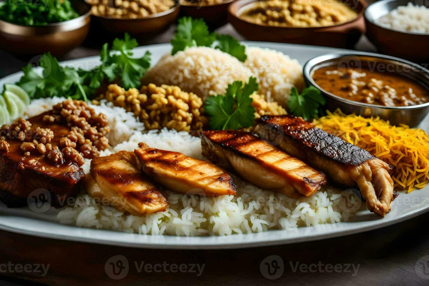 a plate of food with rice, chicken and other ingredients. AI-Generated photo