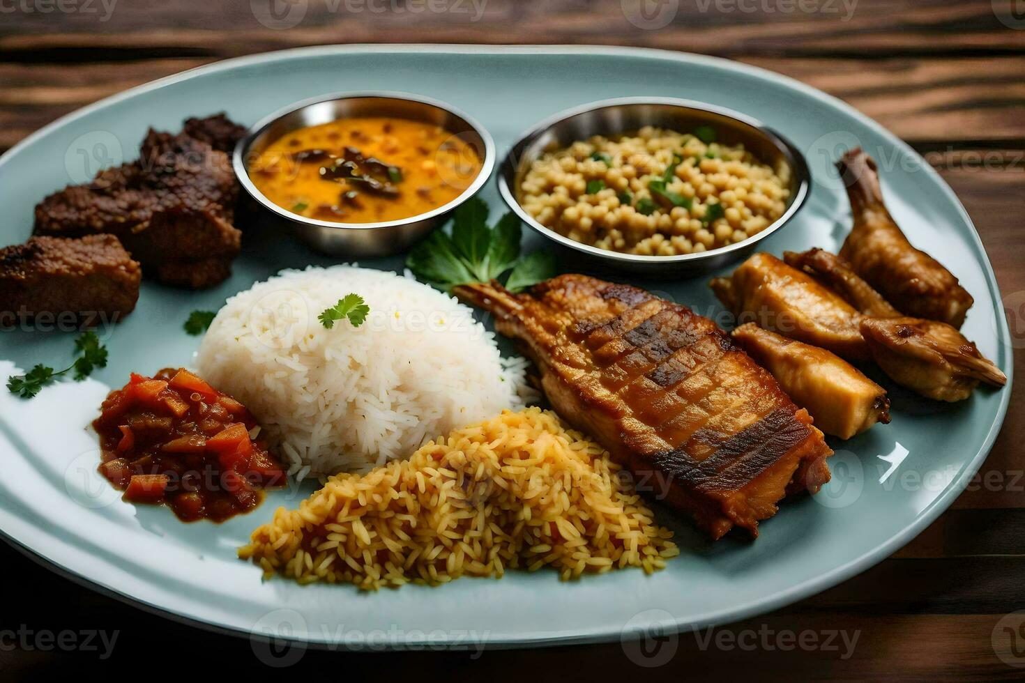 a plate of food with rice, meat, and vegetables. AI-Generated photo