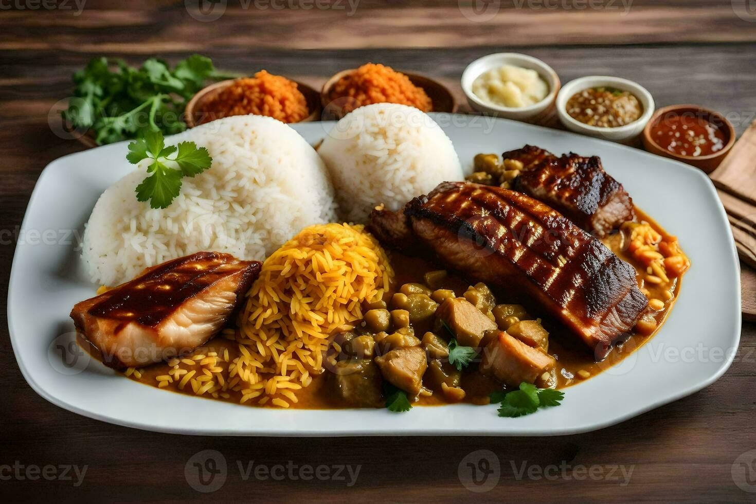 the food is served on a plate with rice and vegetables. AI-Generated photo